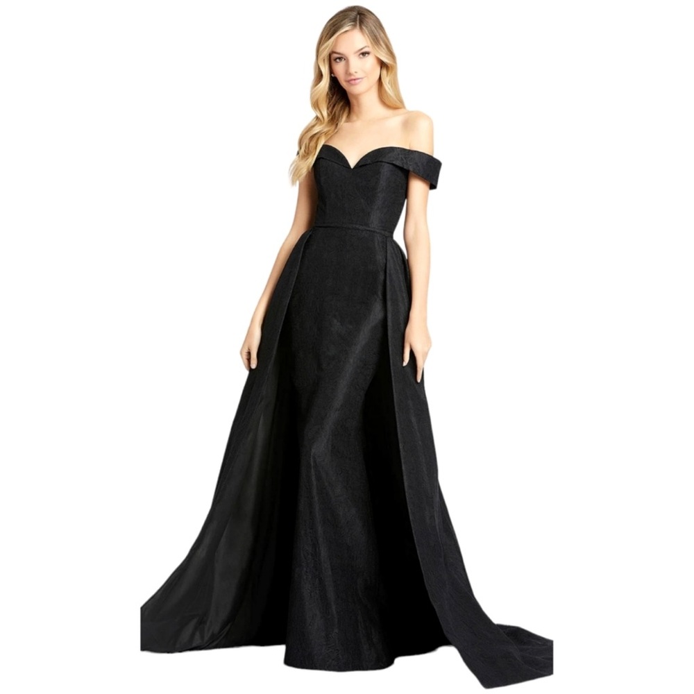 MAC DUGGAL Black Off Shoulder Lace Overlay Train
Gown Womens Size 4